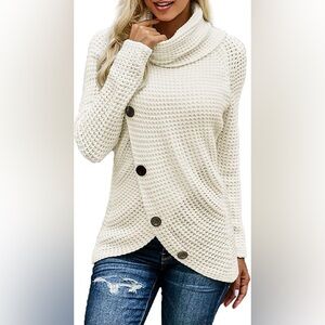 Cowl Neck Knit Waffle Sweater Asymmetrical Slant Button Up Pullover Knitwear